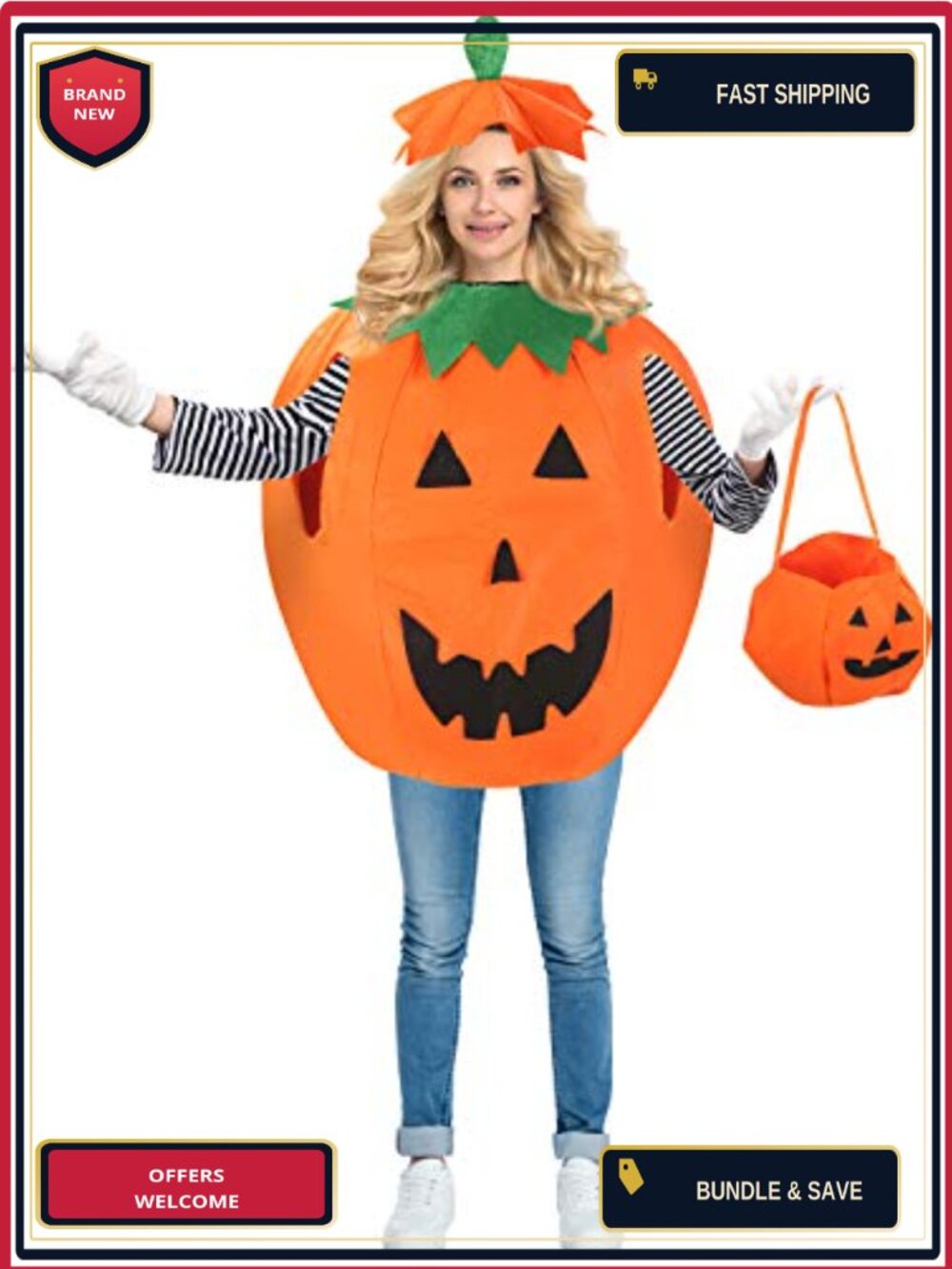 3Pc Pumpkin Costume Set Cosplay Dress Hat Handbag Halloween Party